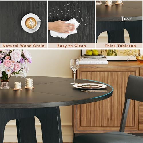 HUAHUU Round Dining Table Set for 4, 5-Piece Kitchen Table and Chairs for 4, 47'' Round Dining Room Table Set with 4 Chairs, Space Saving Dining Table with Wood Base for Kitchen, Living Room, Black