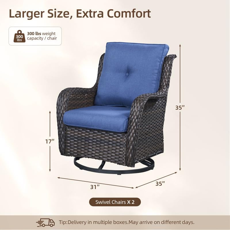 2 Pieces Outdoor Wicker Swivel Rocker Patio Chairs Set of 2, Cushions Blue