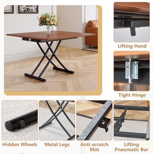 Adjustable Height Coffee Table, 4-in-1 Folding Dining Table, Walnut