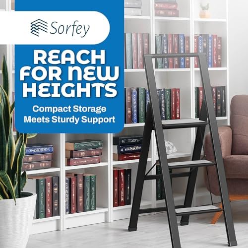 Step Ladder 3 Step Folding, Decorative - Beautiful Gray Wood & Black Aluminum, Ultra Slim Profile, Anti Slip Steps, Sturdy-Portable for Home, Office, Kitchen, Photography Use,by SORFEY