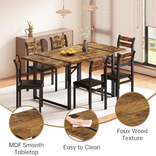 Recaceik 7-Piece Dining Table Set with 6 Chairs, 55" Wooden Kitchen Table & Chairs Set for 4-6, Dining Room Table and Chairs with Solid Metal Frame & MDF Board for Small Space, Easy Assembly, Brown