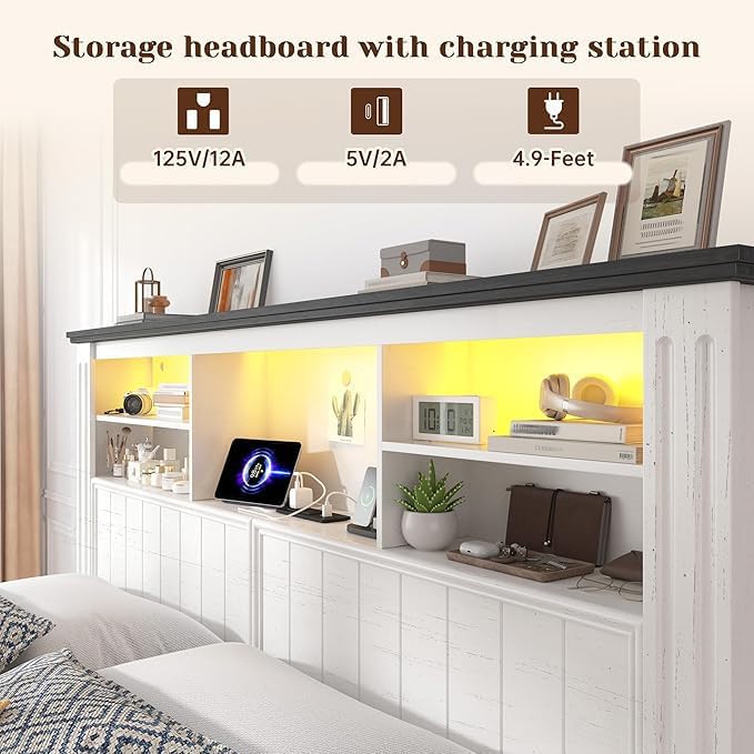 EnHomee Queen Bed Frame with Headboard and Storage,4 Drawers,White