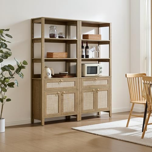 SICOTAS 68.5" Tall Boho Rattan Bookshelf with Single Drawer & Storage Doors