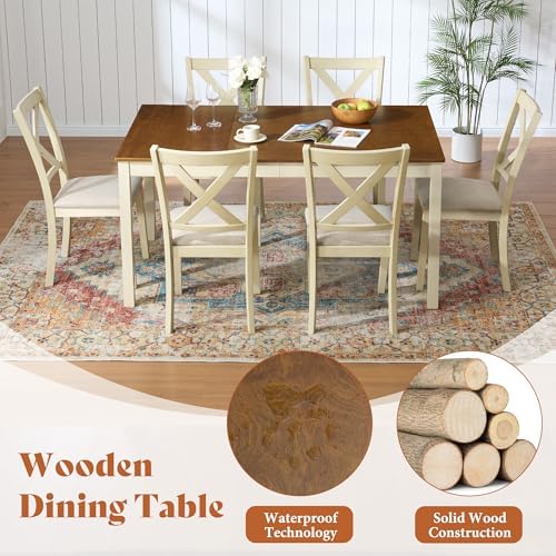 AMERLIFE 7-Piece Farmhouse Solid Wood Dining Table Set for 6, Rustic Cream
