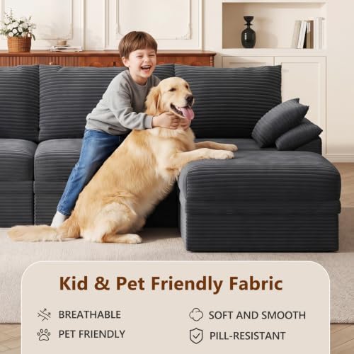 107" Modular Sectional Sofa Couch with Storage,U-Shape 3 Seat Comfy Modern Cloud Couch Sofa with Ottoman, 27" Deep Seat Corduroy Sofa for Living Room, Tool-Free Assembly -Dark Grey