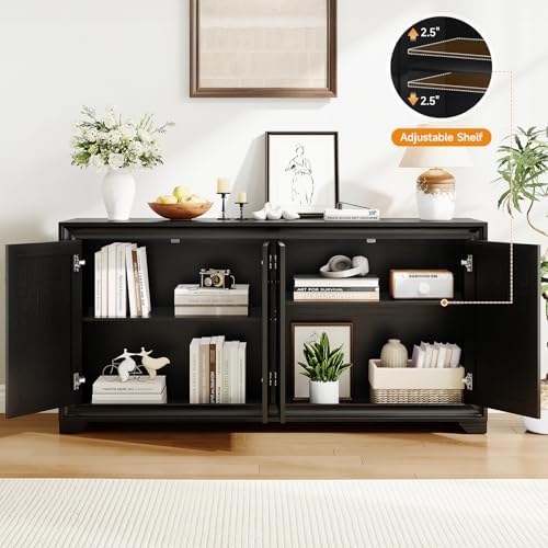 ONBRILL 60" Buffet Cabinet with Storage, 4 Doors & Adjustable Shelves Black