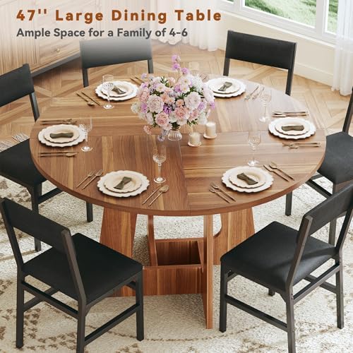 HUAHUU Round Dining Table Set for 6, 7-Piece Kitchen Table and Chairs for 6, 47'' Round Dining Room Table Set with 6 Chairs, Space Saving Dining Table with Wood Base for Kitchen, Living Room, Rustic