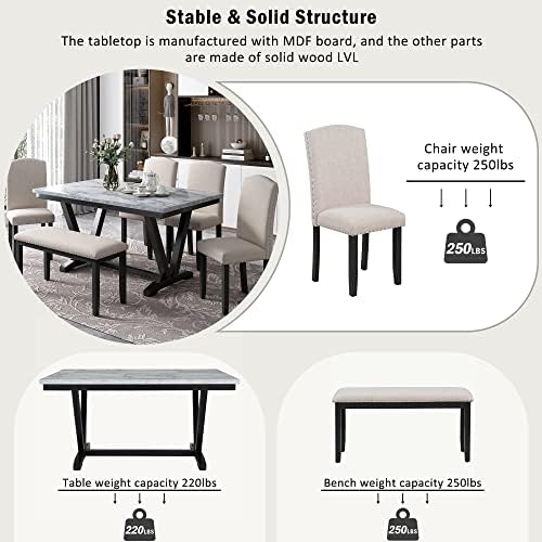 Merax Modern 6-piece Dining Table with Cushions Chairs and Bench, Elegant Dining Table Seat Backs for Dining Room, White
