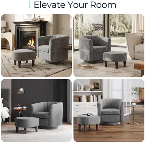 LINSY Swivel Accent Chair with Ottoman: Small Velvet Barrel Chair 360 Swivel Modern Armchair, Upholstered Reading Chair with Footrest for Living Room Bedroom Study Room (Grey)