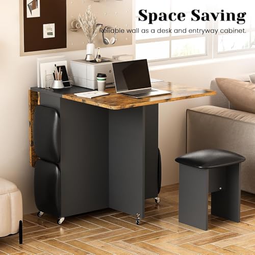 AWQM Folding Dining Table Set for 4, Storage Folding Table & Chair, Walnut