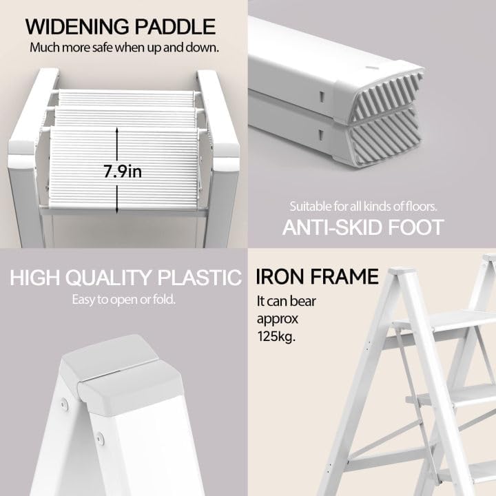 SOLADDER 3 Step Ladder, Folding Step Stool, Lightweight Stepladder, White