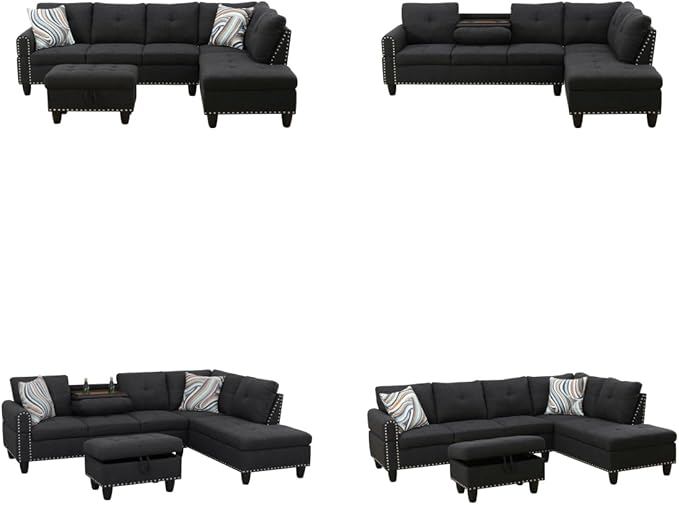 Sectional Couches for Living Room with Movable Chaise & Storage Ottoman - 97.5" Linen L Shaped Couches for Living Room Apartment, Home Modular Sectional Sofas with Cup Holder, Grey