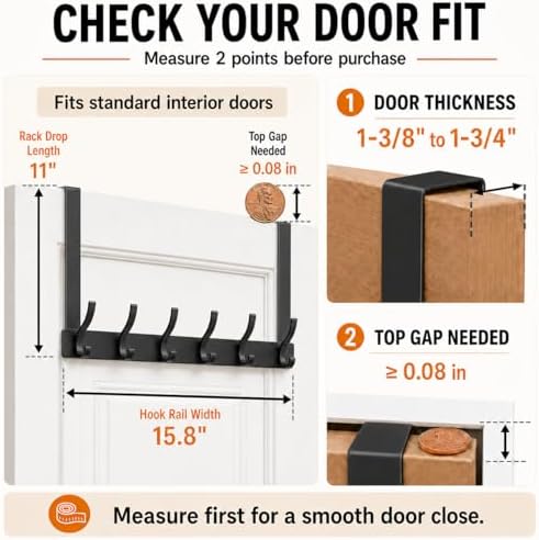 Peasulin Over The Door Hooks, 2 Pack Black 11" Long Door Hanger Racks