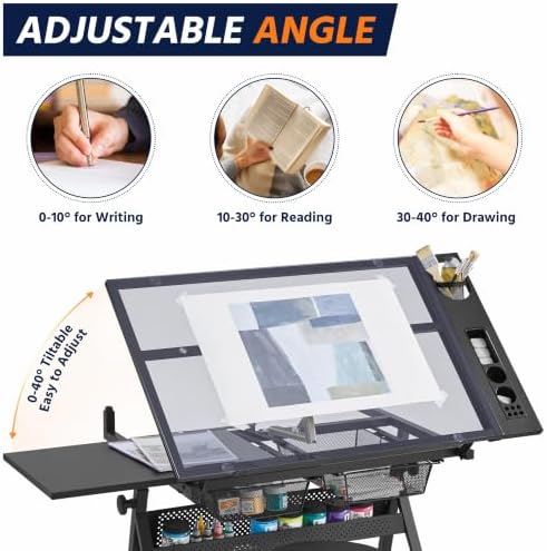 Yaheetech Adjustable Drafting Table & Stool, Tilting Glass Art Desk, Black
