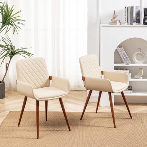 LUNLING Mid Century Modern Dining Chairs Set of 2,Accent Faux Leather Side Chairs Bentwood Frame with Armrest,Metal Legs Chair,Adjustable Foot for Kitchen Room Desk Chair(Cream White)