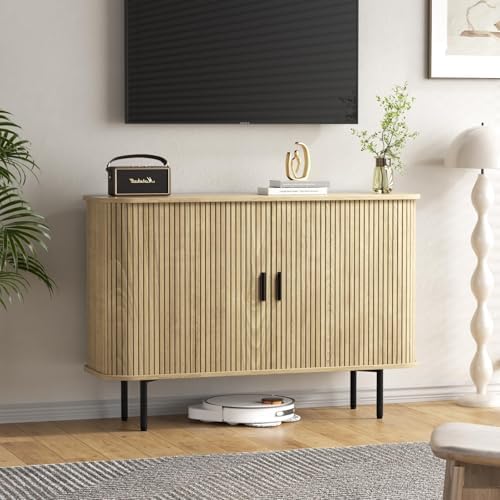 Fluted Sideboard Buffet Cabinet, Sliding Door/Adjustable Shelf, Natural