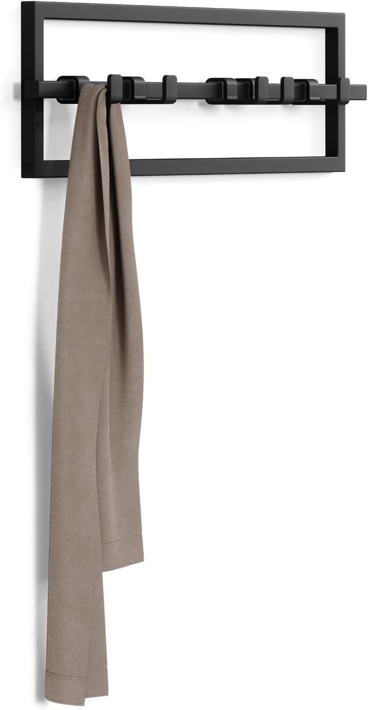 Umbra Cubiko Wall Hooks, Adjustable Steel Coat Rack, 5 Hook, Black