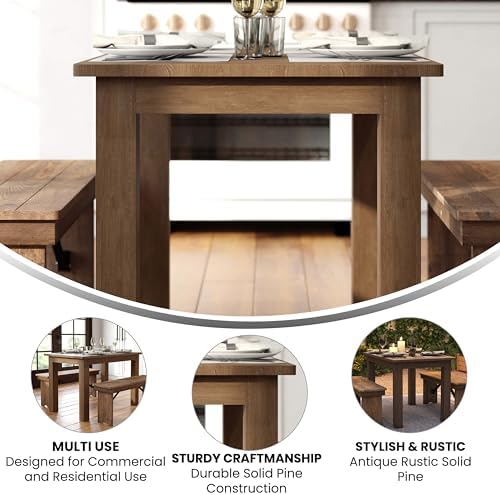 Merrick Lane Jessamine 46" x 30" Rectangular Rustic Solid Pine Farm Dining Table, Antique Farmhouse Wooden Dining Table for Kitchens and Parties, Antique Rustic