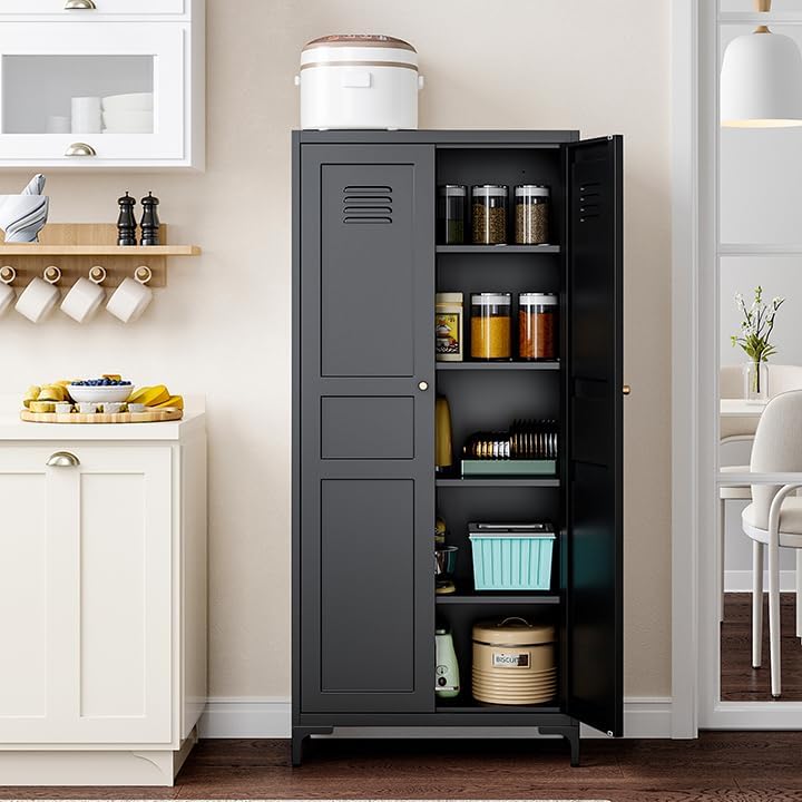Black Kitchen Pantry Storage Cabinet,Pantry Cabinets with Doors and Adjustable Shelves,Metal Cabinet with Feets for Kitchen,Pantry,Dinning Room,Bathroom,Living Room,Cupboard(Black)