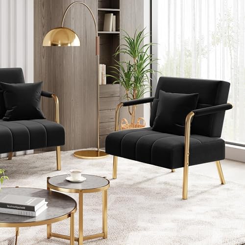 Yaheetech 30" Accent Chair Velvet Armchair with Golden Frame, Black