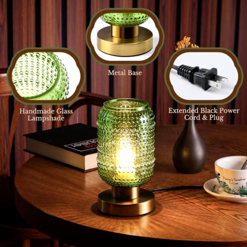 ZYER 8.9in Green Glass Table Lamp, Touch Control Lamp, Small Vintage Lamp
