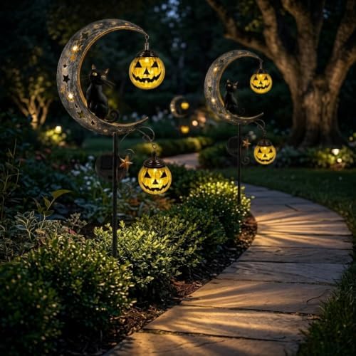 2 Pack Solar Halloween Pumpkin Moon Black Cat Garden Stake Lights Outdoor