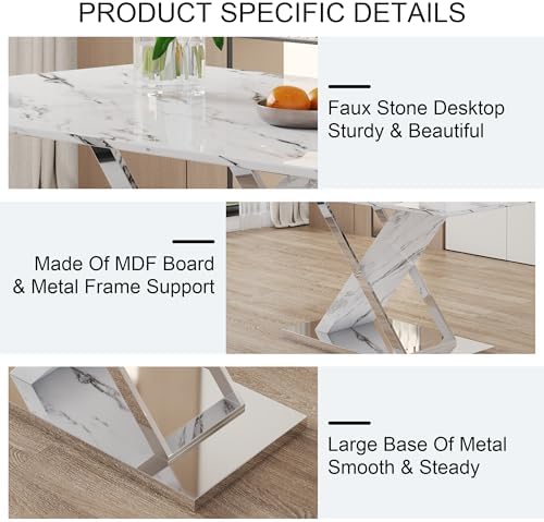 Marble Dining Table Set for 4,63 in White Rectangular Table with Sliver Metal X-Shaped Frame and 4 Black Leather Dining Chairs,ModernTable and Chairs for Kitchen Dining Room,Restaurant