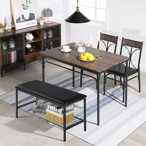 VECELO Kitchen Dining Table Set with Upholstered Bench & 2 Chairs | Space-Saving Compact Design | Perfect for Small Apartments, Breakfast Nooks, Rustic Brown