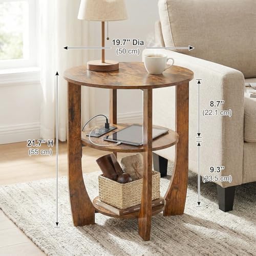 Round Side Table with Charging Station,19.7" D,Rustic Brown