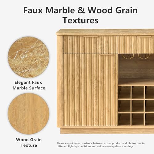 win2win 59" Fluted Sideboard, Wine Bar Cabinet with Faux Marble Top, Oak