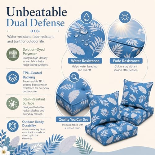 Outdoor Seat Cushions Set of 2 (Blue Leaf, 22"x22")