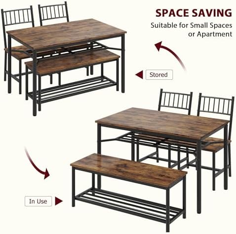 Garvee Dining Table Set for 4 with Bench and Chairs, 4-Piece Kitchen Table Set with Storage – Space-Saving Dining Table for Apartments and Dining Rooms, Brown