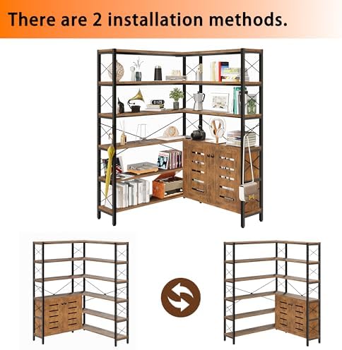 Wildhome 6-Shelf Corner Bookshelf, Vintage Industrial Corner Shelf Etagere Bookcase, Large Book Shelf with Metal Frame Open Storage Corner Cabinet (Brown-Lockers, Large)