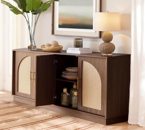 FORTUNETEC 63.8" Sideboard Buffet Cabinet with Storage, Natural Walnut