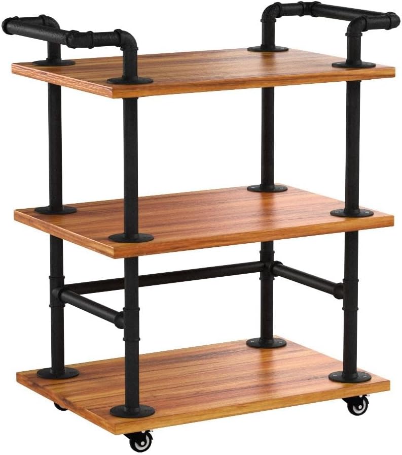 Industrial Pipe Bar Carts, Solid Wood Serving Carts, Rolling Kitchen Carts