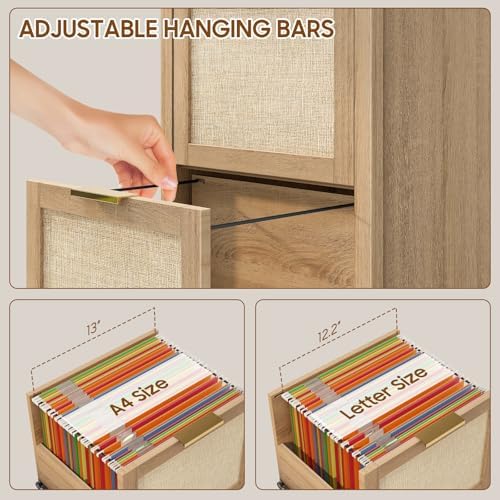 2-Drawer Rattan Small File Cabinet, Vertical Filing Cabinet, Natural Oak