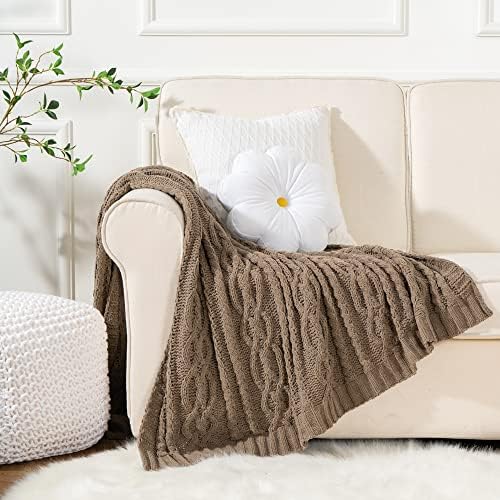 Battilo Tan Throw Blanket for Couch, 51"x67" Textured Cable Knit Bl...