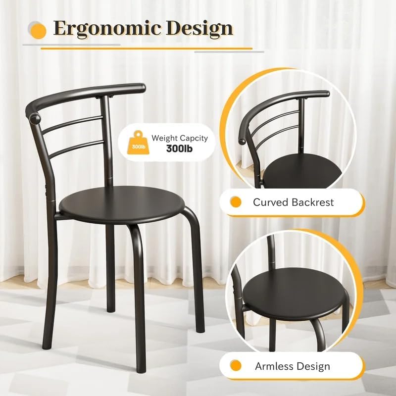 Shahoo 3-Piece Dining Table Set for 2, Kitchen Breakfast Nook Set, Black | 2 Chairs & Round Tabletop, Space Saving Wooden Furniture Metal Frame and Built-in Wine Rack