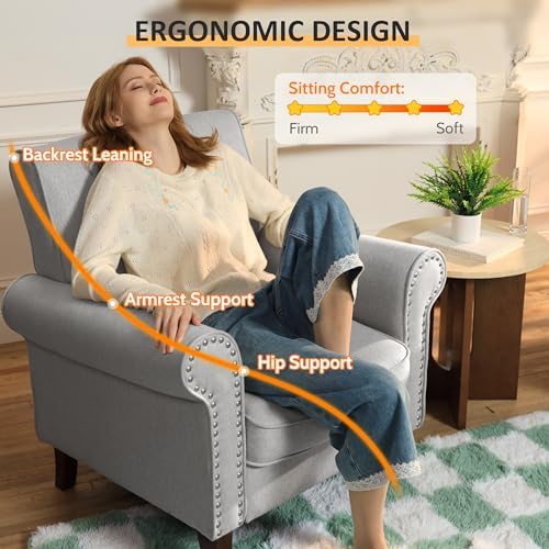PrimeZone Comfy Accent Chairs Set of 2, Mid-Century Modern Arm Chair, Grey