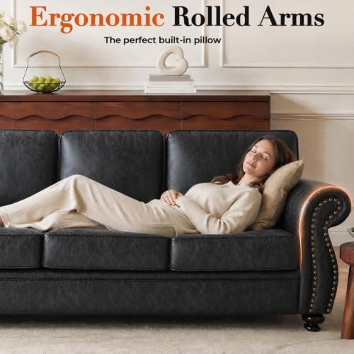 Couchus 88" W 3-Seater Sofa Couch, Faux Leather Fabric Sofas, Grey | Mid-Century Vintage 3-Seater Sofa with Nailhead Trim, Upholstered Couch Set for Living Room Bedroom