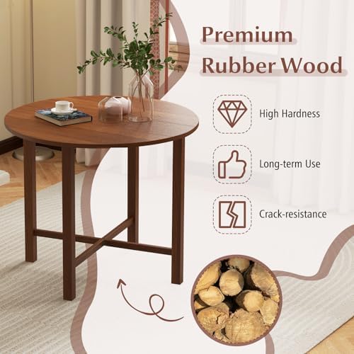 GIANTEX 36" Folding Dining Table for 2-4, Extendable Drop Leaf Kitchen Table with Solid Rubber Wood Frame, Space-Saving Round Dinner Table for Small Space, Living Dining Room, Dinette, Walnut