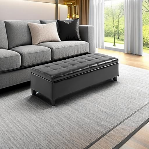 HOMCOM 51" Ottoman Storage Bench, Tufted Bench for End of Bed, Black