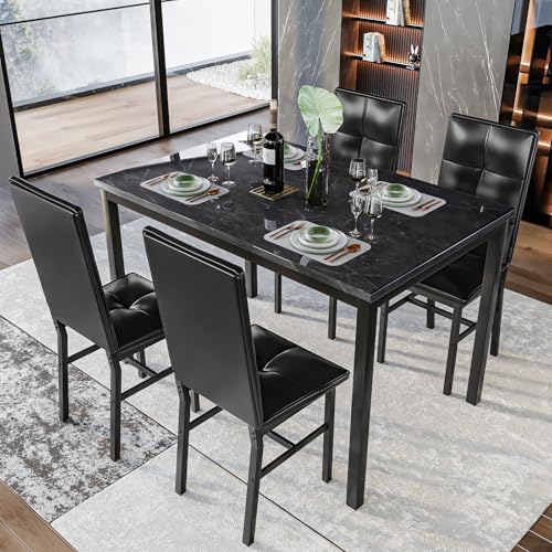 Hooseng Dining Table Set for 4, Faux Marble Small Kitchen Table with 4 PU Leather Chairs, Modern 5 Piece Dinner Table Set for Dining Room, Breakfast Nook, Samll Space, Black