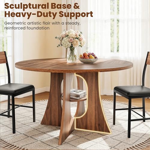 Pamapic Dining Table Set for 6, 47" Round Dining Table with Chairs, Cross Base Design, Storage Shelf, Durable Wood Grain, Space-Saving Kitchen Table and Chairs for Dining Room & Living Room, Walnut