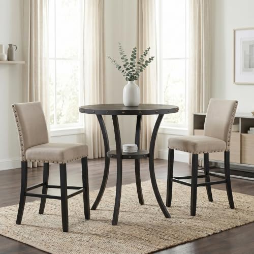Roundhill Furniture Biony 3 Piece Set - 36" Round Espresso Bar Table with Nail Head Stools, Tan
