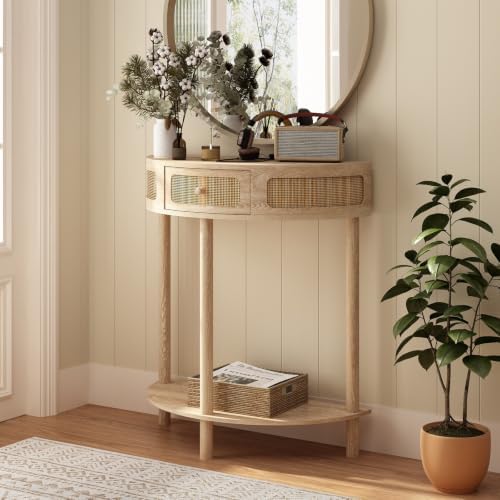 RowyPoey Rattan Half Moon Console Table, Modern Small Entryway Table