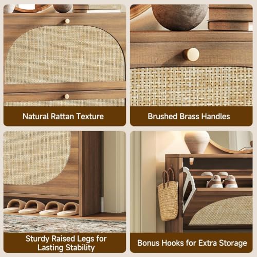 Nicetree Rattan Arched Accent Shoe Storage Cabinet - Freestanding Ultra Slim for Entryway, 3 Flip Drawers & 3-Tier Adjustable Shelves, Farmhouse Modern Rustic Shoe Rack for Hallway, Foyer, Living Room