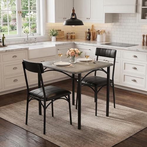 GAOMON Dining Table Set for 2, Kitchen Table and Chairs for 2 with Upholstered Chairs, 3 Piece Dining Room Table Set, Square Kitchen Table Set for Small Space, Apartment, Studio, Rustic Gray