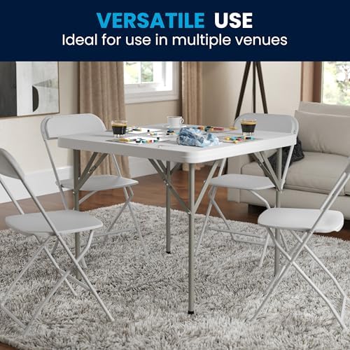 Flash Furniture Elon Square Plastic Folding Table, Portable Dining Card Table for 4 People, Indoor-Outdoor Use, 34.25", Granite White