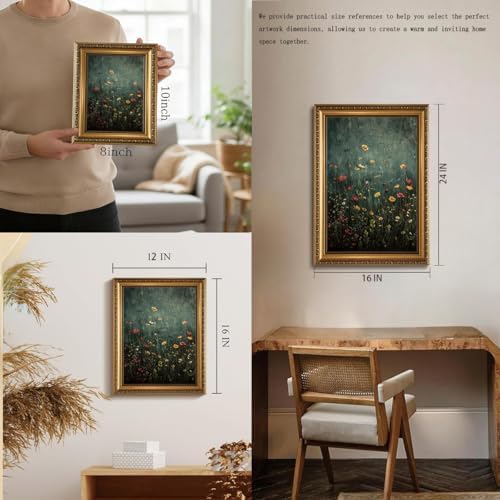 Green Wildflower Gold Framed Canvas Wall Art 16x24 inch